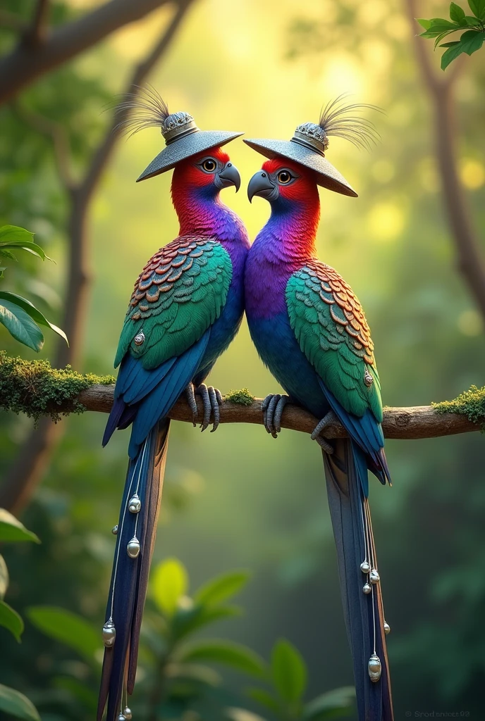 Create an 8K high-resolution image of two exotic, vibrant birds perched on a branch in a lush forest setting. The birds should have striking, multi-colored feathers with intricate patterns resembling gemstones, including shades of blue, purple, red, and green. They are wearing traditional Asian-style conical hats with elegant silver adornments. The birds' long, graceful tail feathers should feature ornate white designs with bead-like decorations. The background should be softly blurred, with natural sunlight filtering through the dense green foliage, creating a magical, serene atmosphere. Capture the details of the birds’ feathers and the hats in ultra-sharp resolution, ensuring a visually stunning and realistic appearance."