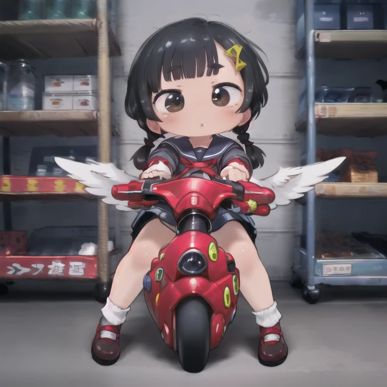 masterpiece，high quality，One ，(Seraphim:1.1)，Sitting，Put your feet forward、Please lean forward，Thick eyebrows，Droopy eyes，Baby Face，Round face，Big round eyes，Braiding，Short pigtails，Blunt bangs，Black Hair，Brown eyes，Very short stature，Very thin limbs，Short-sleeved sailor uniform，Short mini skirt:1.3，White panties， kanedabike，A small scooter，sf，cyber punk，Very low seat，Low vehicle height，1つ step ahead，