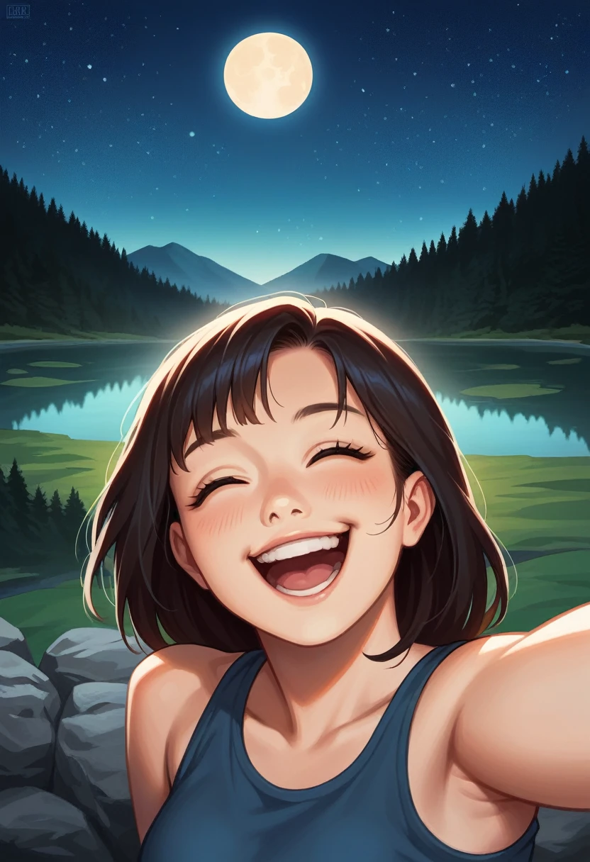 1 beautiful young asian woman and a hummingbird kissing her cheek ((upper body selfie, happy)), masterpiece, best quality, ultra-detailed, ground, outdoor, (night), mountains, nature, (stars, moon) cheerful, happy, forest, stones, river, wood, smoke, shadows, contrast, clear sky, style, (warm tone, warm tone): 1.2), close-up, cinematic light, side lighting, ultra high resolution, best shadow, RAW, upper body, realistic style