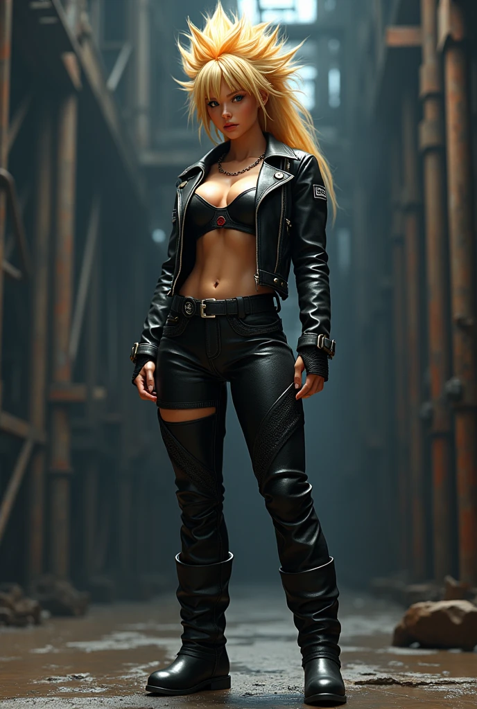 Full body image of a female version of Goku wearing the clothes of the T-800 from Terminator.