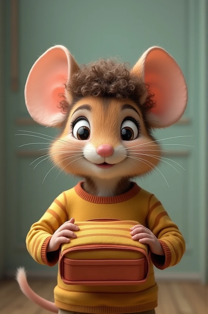 a mouse in a striped shirt and curly hair, holding a lunch box