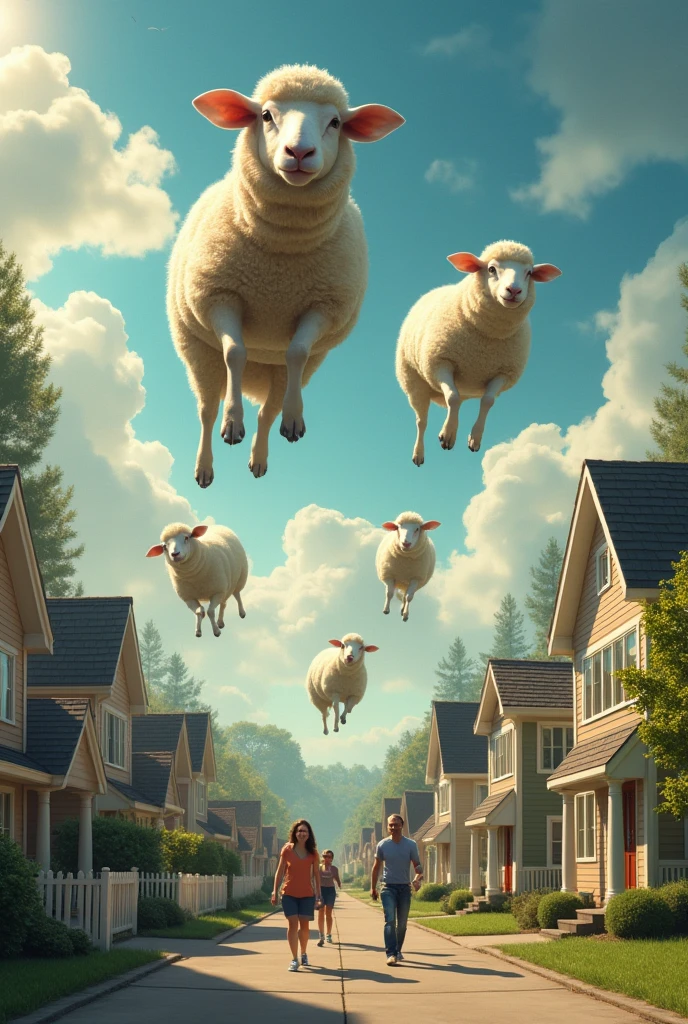 Sheep flying over a house with residents running away scared