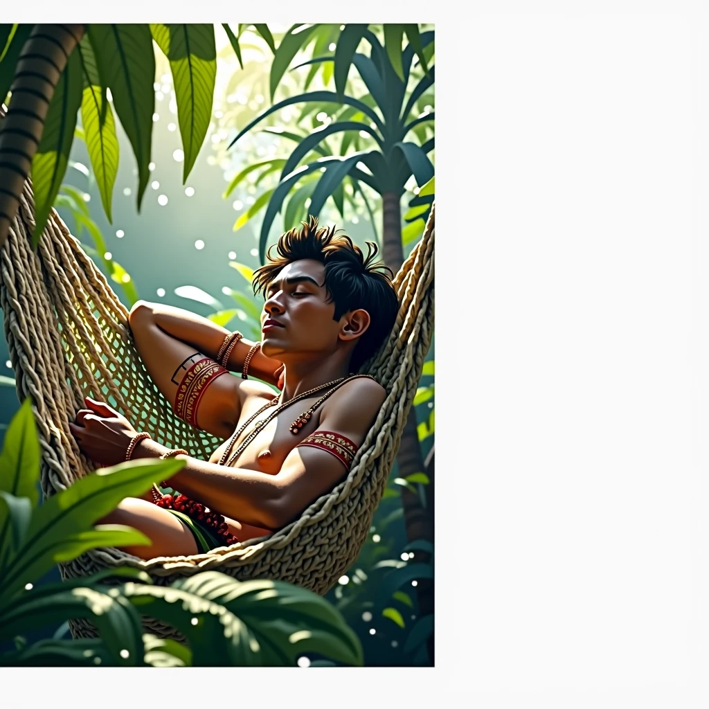Indian from the Guaraní tribe sleeping in his hammock SURROUNDED BY NATIVE PLANTS WITH LARGE LEAVES FROM THE MISSIONARY JUNGLE