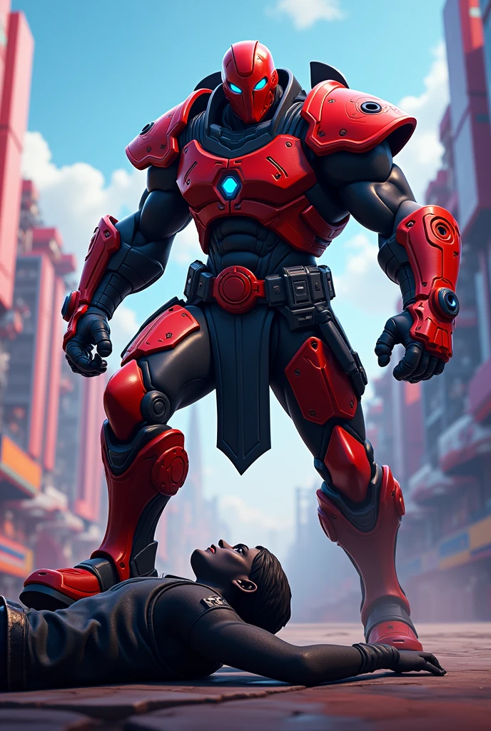 Make a picture with the style of fortnite, the red OPPRESSOR skin and the RONIN skin, make OPPRESSOR putting his foot on RONIN's head and he's dead