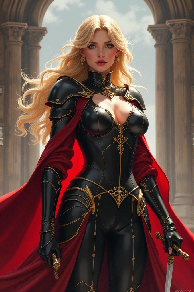 attire, Very long blonde hair fit Woman wearing armor cammy cosplay, Womanly, impossibly small tiny waist abs waistline, circumference of lower extremities far exceeds 80 inches hips, she has massively immense hip measurements, with the largest fitt buttocks, location: Dragon's Crown first kevel, intense detail, bold leggings, semi realistic anime style, A bottom-heavy, superior body part, voluptuous lower body, feminine figure, portraits, Reductionist form, mujercore, bold lines, in the style of Mike Campau, Iris Van Herpen, Howard Schatz, Russian-Western, an Inferior Physical Goddess