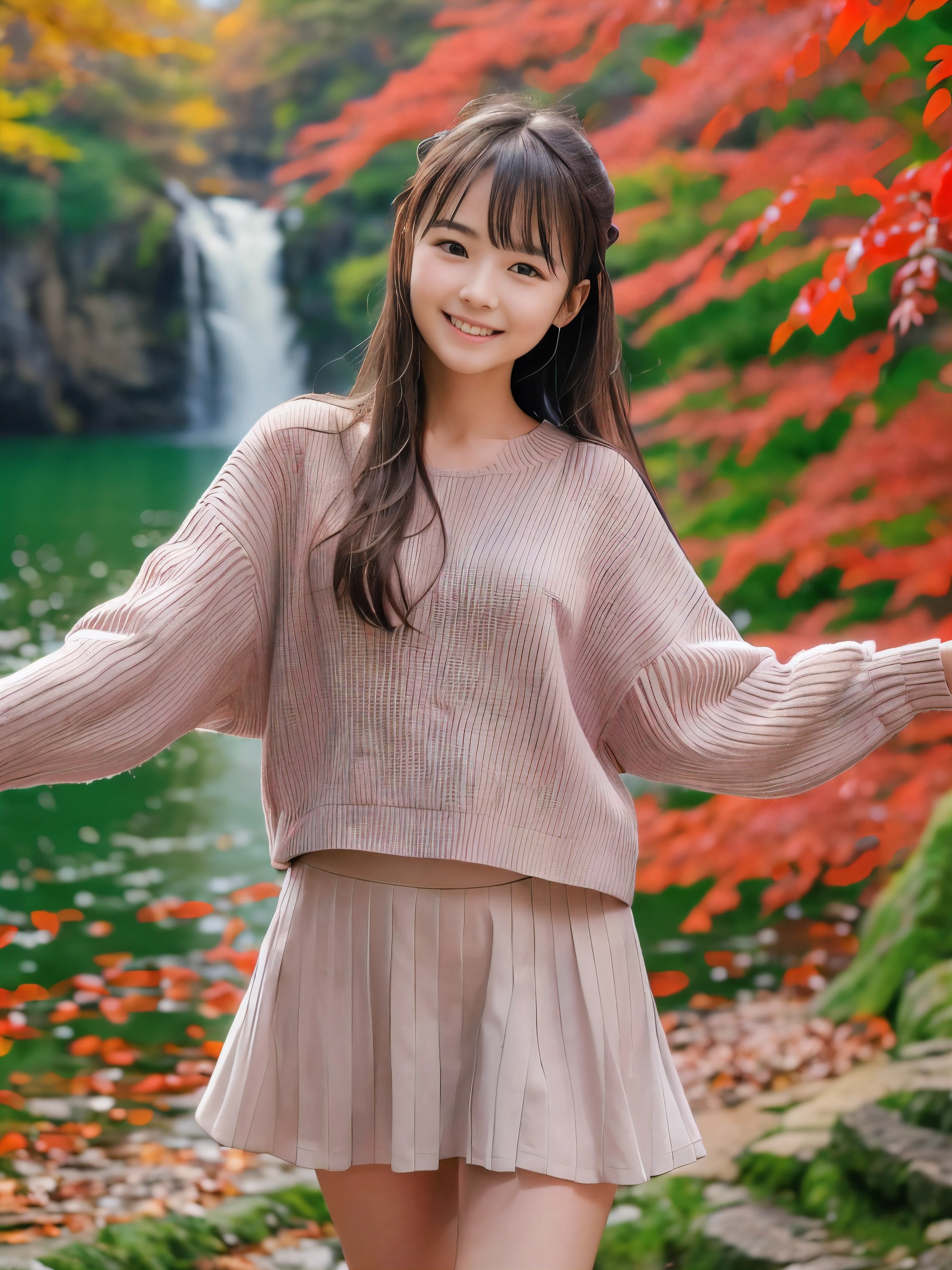 (Close up face shot of one slender small breasts half up brown long hair with bangs girl in a long sleeves shirt and sweater and skirt:1.5)、(One girl is dancing with happy smile on the dart road near the lake and big waterfall in Japan:1.5)、(Beautiful autumn red leaves landscpe:1.5)、(Natural light:1.5)、(8k ultra detailed master piece:1.5)、(perfect anatomy:1.5)、(Photorealistic stick:1.5)、(Raw photo:1.3)、(highest quality:1.5)、(High resolution:1.3)、(Delicate and beautiful perfect face:1.3)、(Delicate and beautiful eye air skin:1.3)、(Real Human Skin:1.3)、((thin legs))
