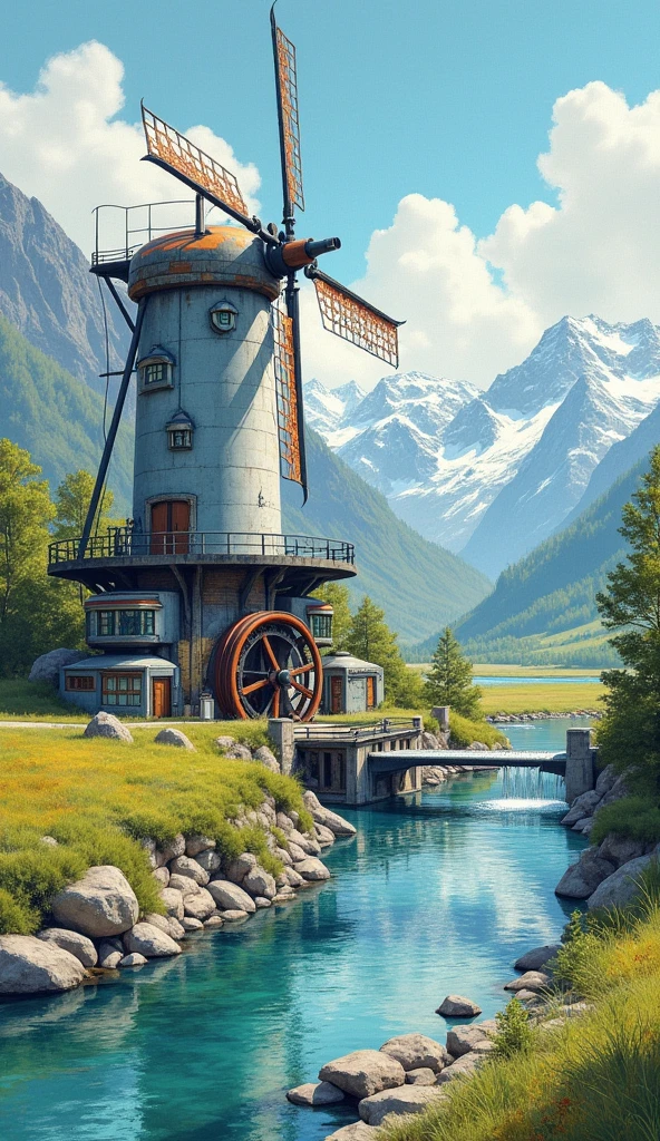 A fusion of watercolor and oil paints, Highest quality, Super Fine, 16K, Retro Windmill Tower, Silver Windmill, mirror, Lenses and glass for solar energy generation, Retro waterwheel, natural geothermal hot spring surrounded by riverside stones, vapor, Room lighting, Natural power plant, darkness, A mountain with snow still remaining on its peak., river, Pasture, Brothers Grimm painting style, Andersen, aesop