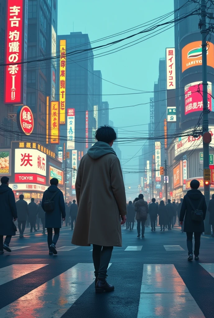 studio ghibl, retro, pastels, wide shot, A young man wearing a tall hoodie walking through the scramble crossing in Shibuya, back view