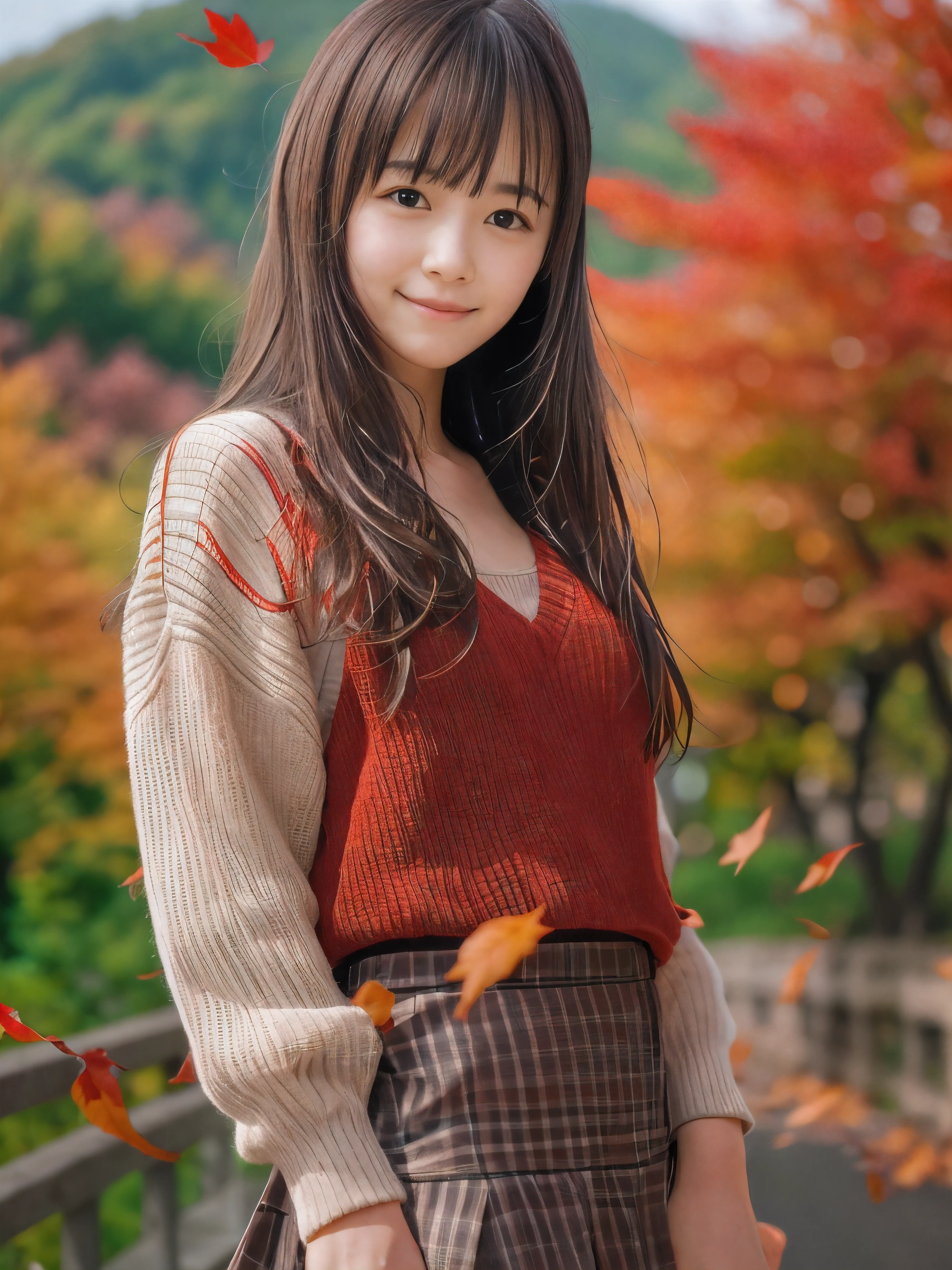 (Close up face shot of one slender small breasts half up brown long hair with bangs girl in a long sleeves shirt and sweater and skirt:1.5)、(One girl is dancing with happy smile on the dart road near the lake and big waterfall in Japan:1.5)、(Beautiful autumn red leaves landscpe:1.5)、(Natural light:1.5)、(8k ultra detailed master piece:1.5)、(perfect anatomy:1.5)、(Photorealistic stick:1.5)、(Raw photo:1.3)、(highest quality:1.5)、(High resolution:1.3)、(Delicate and beautiful perfect face:1.3)、(Delicate and beautiful eye air skin:1.3)、(Real Human Skin:1.3)、((thin legs))