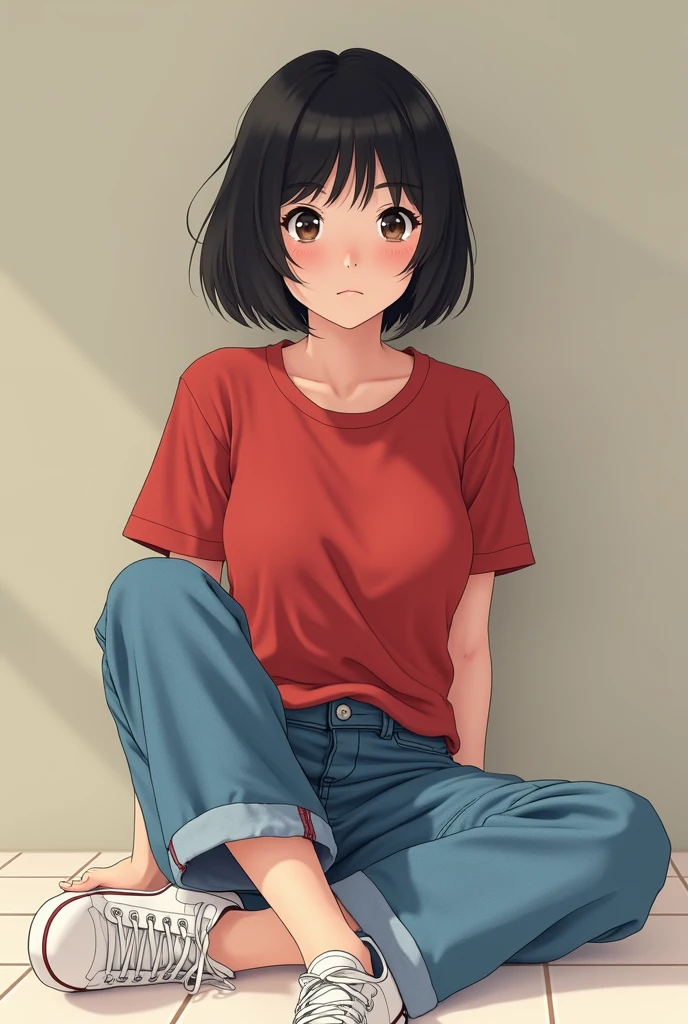 Akiko Hoshino, Japanese girl, Black Hair, Short Hair, Red T-shirt, Blue jeans, White sneakers, Sitting