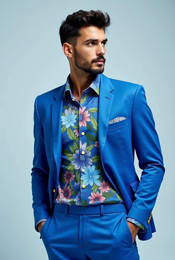 make me a blue men's outfit, with textures and volumes of flowers that can be used for sports and also for going to parties and to work