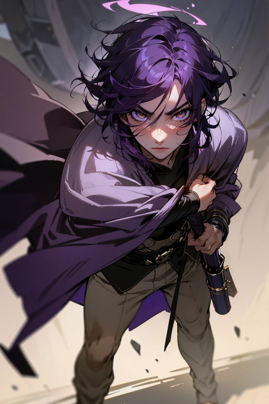 Masterpiece Quality, Perfect Generation, Sclera, Detailed Eyes, Skin, , , Warrior Clothing, Random Expression, , Battlefield Background, Full Body, Clothed, Hair Tie, Mad, Standing, strong, , eyes, , masculine, Male, , standing, black and purple hair, eye mask