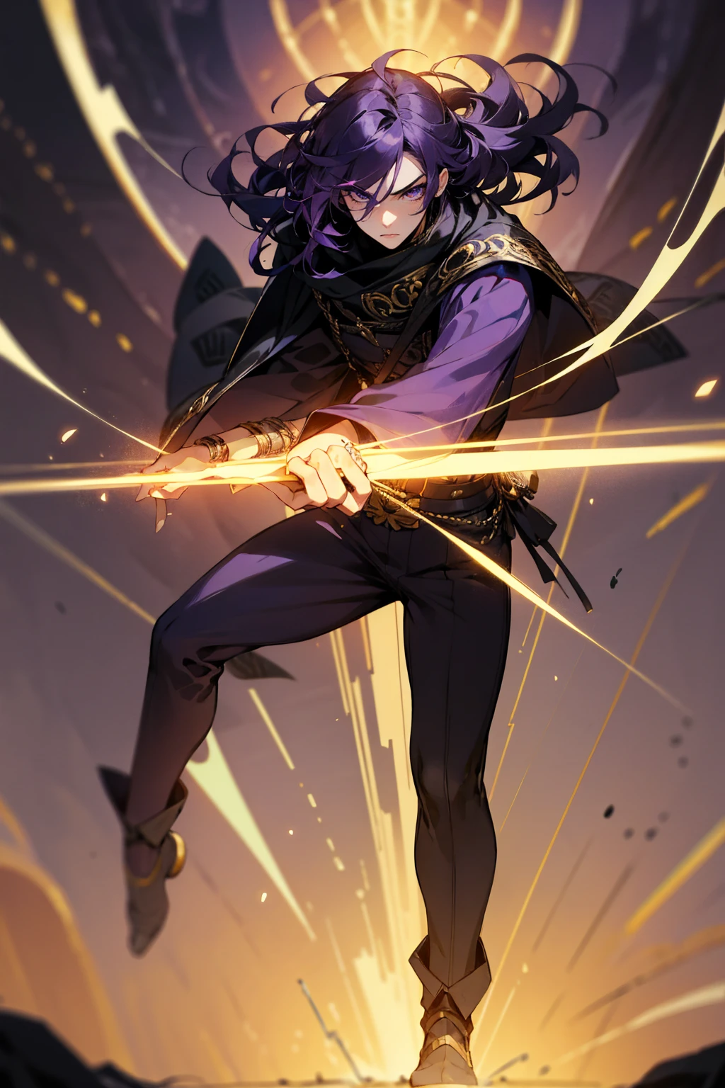 Masterpiece Quality, Perfect Generation, Sclera, Detailed Eyes, Skin, , , Warrior Clothing, Random Expression, , Battlefield Background, Full Body, Clothed, Hair Tie, Mad, Standing, strong, , eyes, , masculine, Male, , standing, black and purple hair, eye mask