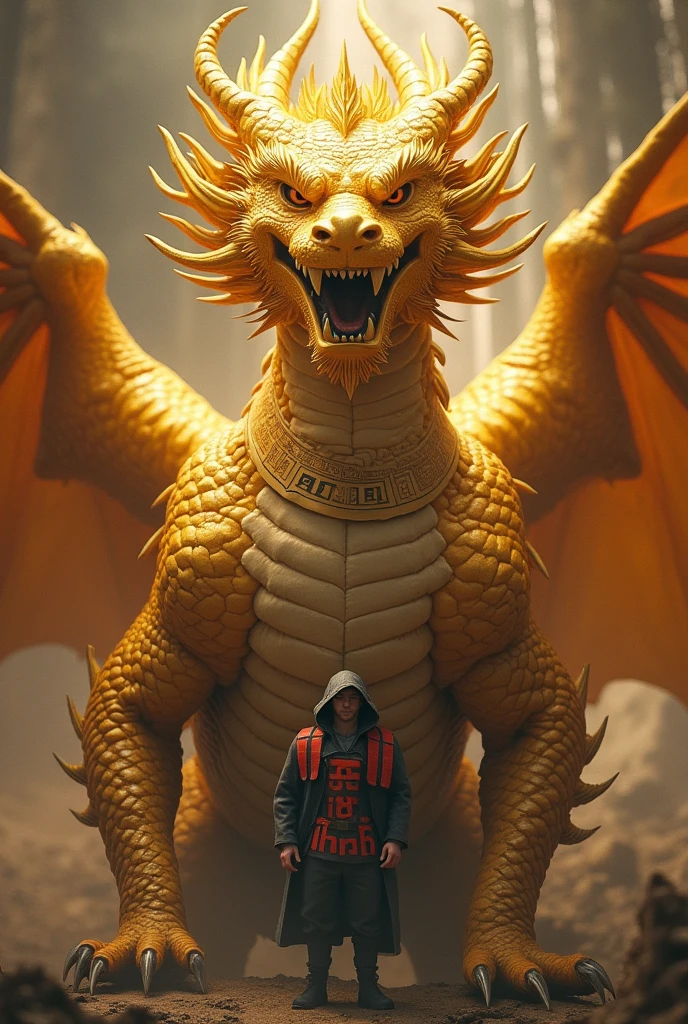 A complete golden legendary dragon with a collar with the word hon written on its chest facing forward with a soldier in its manes with the word HON written in large red letters on its collar with a golden pepis 
