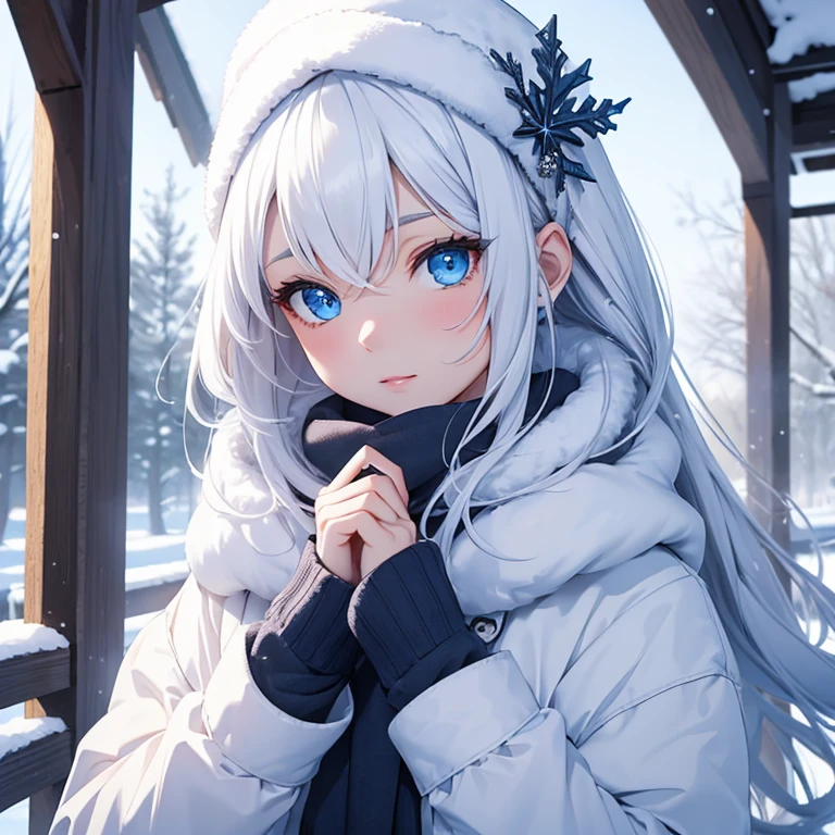 Make a snow goddess with dark blue eyes, winter clothes, ultra HD, super detaill,