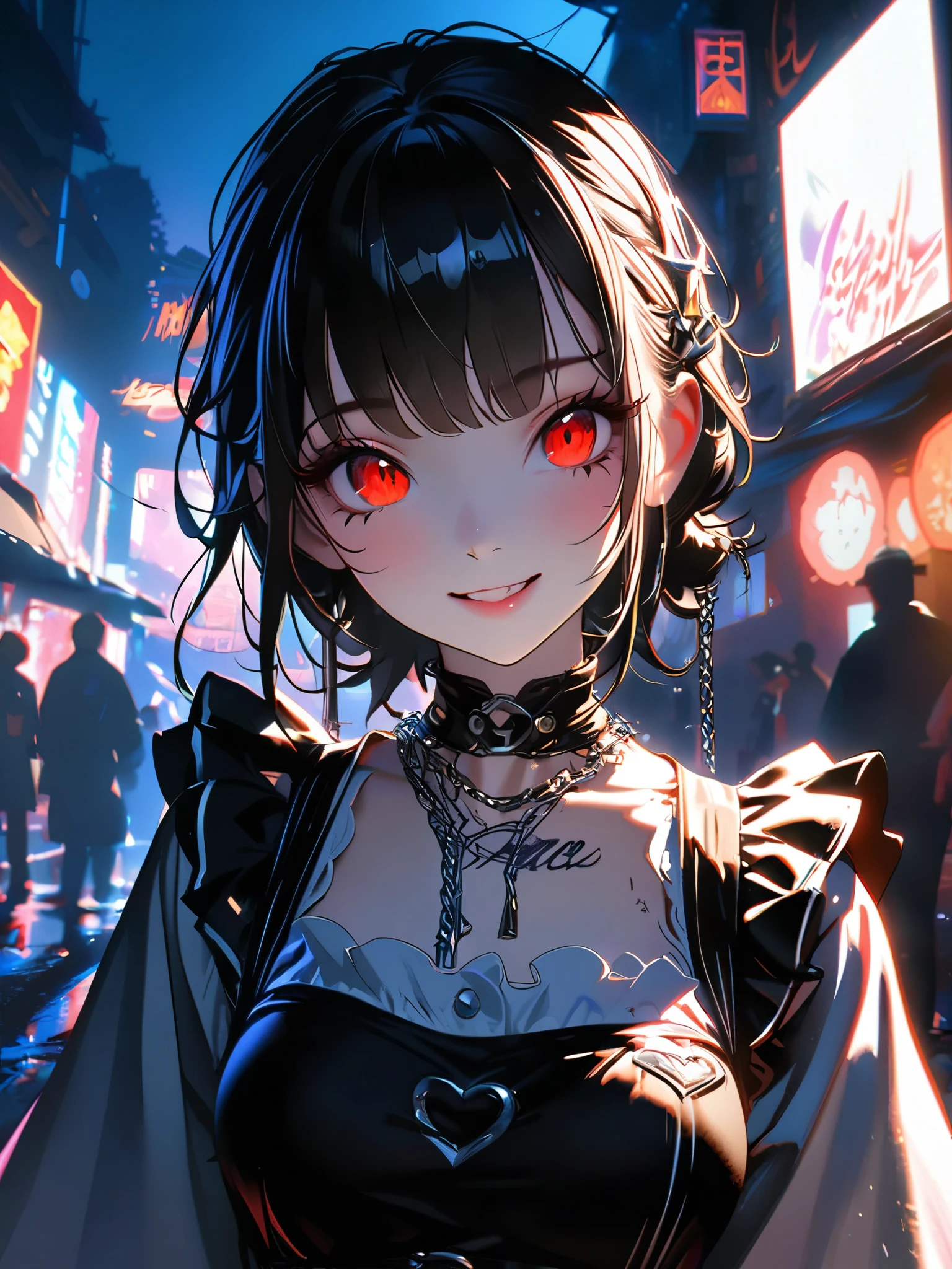 1 girl, chromatic aberration, Written boundary depth, Soft Light, masterpiece, Highest quality, complicated, Tone Mapping, A place where fireworks are set off at festivals. Concept Art, Smooth, Clear focus, Dramatic lighting, Very cinematic, super practical painting, アートステーション's trending, 8k, Incredible Shadows, practical, whole body, View, Viewers, Portrait of a Girl 1, standing on street corner, Heavy rain and lightning、Dark Sky, neon and cyber punk background, she is dressed in punk clothing with silver chains and silver spikes, Her hair was dyed a bright black color..........Ominous aura of light, smile, punk, ciber punk, Backlight.Fashionable clothes、Friendly dress code:Cute girl in red maid outfit.My breasts are a little big.Beautiful red eyes