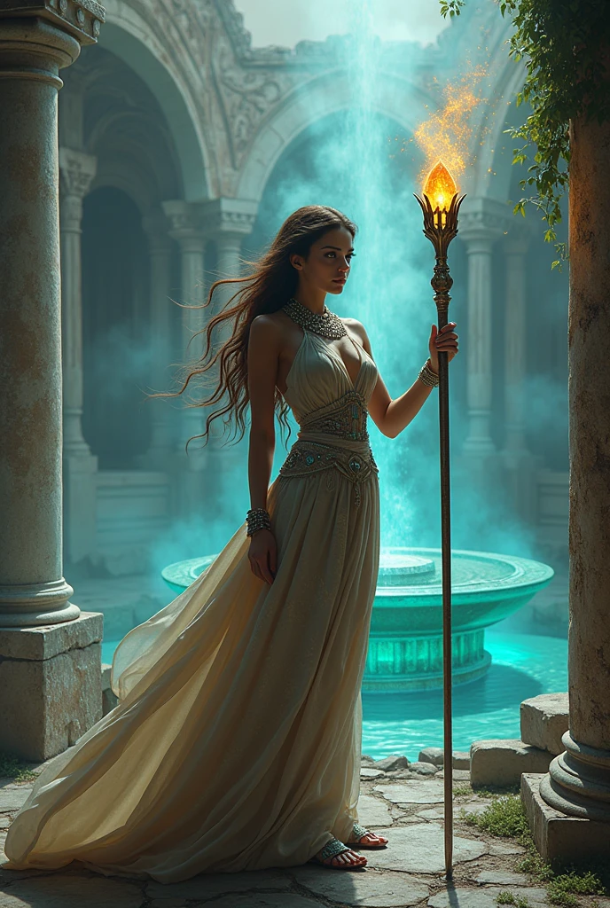 In a breathtaking photorealistic scene set in the heart of ancient Rome, amidst crumbling columns and stone structures adorned with Roman architecture, a striking sorceress stands confidently in the foreground, her entire figure fully visible. She wears a short, elegant gown that shimmers with intricate patterns and is adorned with delicate gemstones, perfectly highlighting her enchanting presence. On her feet are exquisite sandals that enhance her regal appearance, allowing for agility and grace. Her long, deep hair—a random vibrant color—flows freely in the wind, adding vitality to her character. In her right hand, she wields a stunning magician’s staff, topped with a radiant crystal that glows with magical energy, while her left hand is poised to summon powerful spells. Surrounded by a swirling mist that captures the light, she exudes an air of mystique and authority. In the background, an ancient Roman fountain, intricately designed with classic motifs, glows with vibrant hues of blue and green, casting enchanting light over the desolate surroundings. To one side of the scene stands a random statue, depicting a forgotten deity or hero, its stone surface weathered by time yet still exuding a sense of majesty. This statue, partially covered in ivy, adds depth and historical context to the composition. The atmosphere is thick with tension; distant growls of lurking creatures blend with the sounds of rustling leaves and echoing footsteps. With intense, piercing eyes filled with resolve, the sorceress stands ready for confrontation, embodying power and bravery against the haunting backdrop of the Roman ruins, the magical fountain, and the ancient statue.
