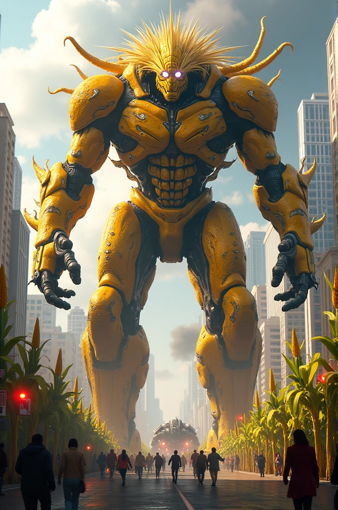 Corn version of Ultron attacking in the city 