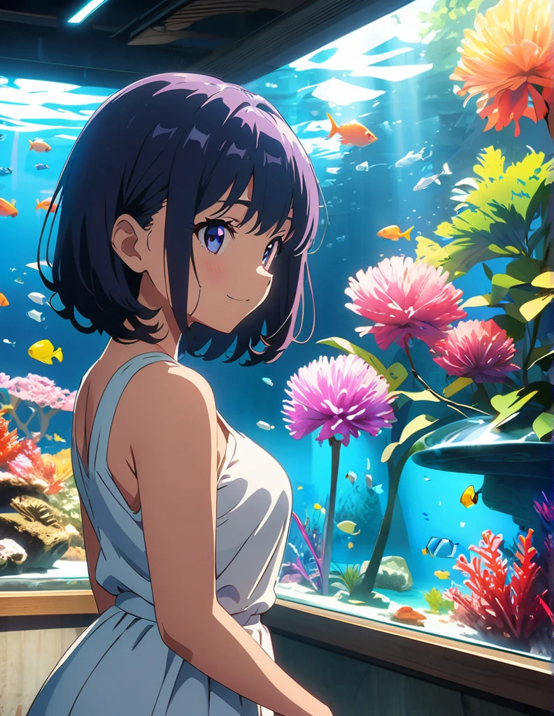 (anime artwork, anime style, studio anime, very detailed, up to date, vibrant, Anime Coloring, high contrast, masterpiece:1.2, best quality, best aesthetics),3 girl, Medium chest, A glimpse of thighs,happy,aquarium,light smile, summer clothes,crowd,