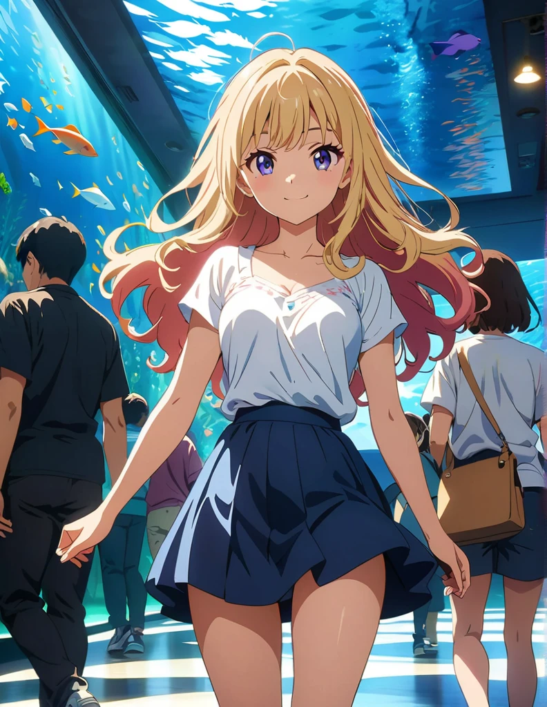 (anime artwork, anime style, studio anime, very detailed, up to date, vibrant, Anime Coloring, high contrast, masterpiece:1.2, best quality, best aesthetics),3 girl, Medium chest, A glimpse of thighs,happy,aquarium,light smile, summer clothes,crowd,