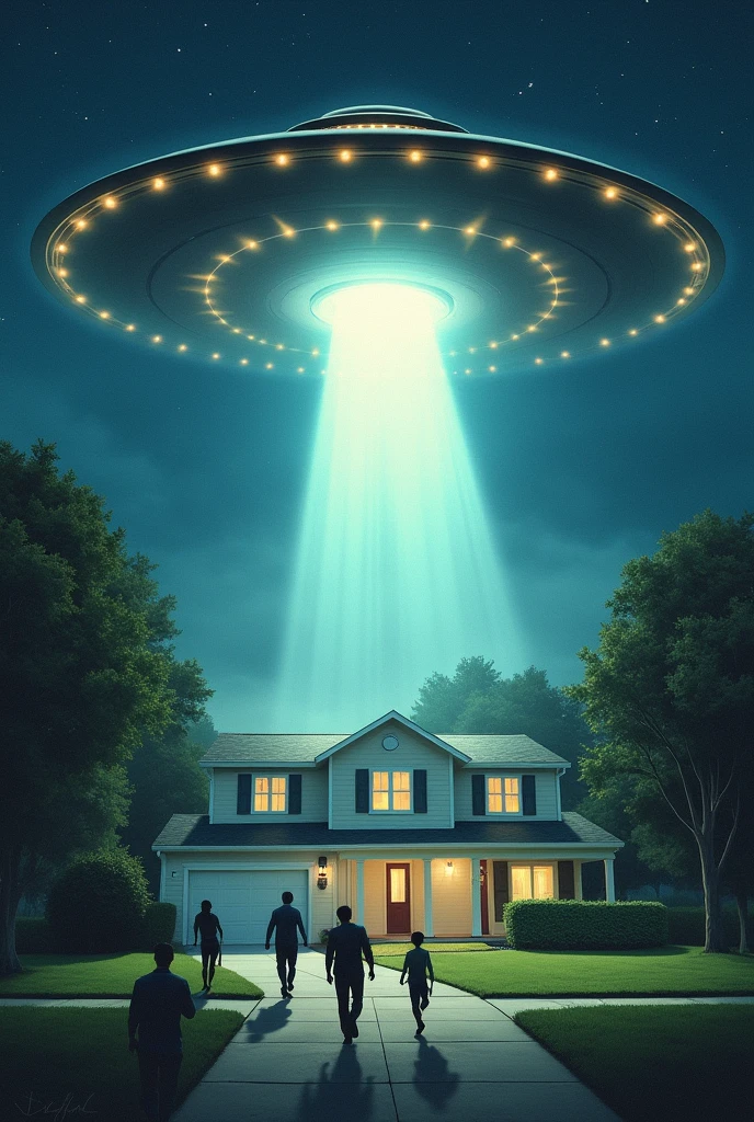 UFO flying over a house with residents running away scared