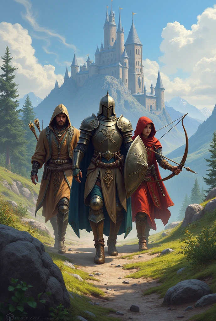create a group of companions with a paladin,A wizard,a warrior with bow and arrow in a medieval world