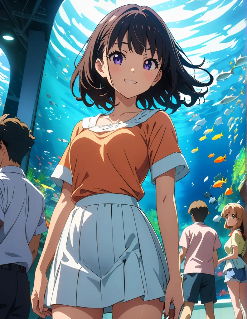 (anime artwork, anime style, studio anime, very detailed, up to date, vibrant, Anime Coloring, high contrast, masterpiece:1.2, best quality, best aesthetics),3 girl, Medium chest, A glimpse of thighs,happy,aquarium,light smile, summer clothes,crowd,