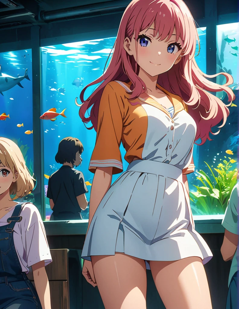 (anime artwork, anime style, studio anime, very detailed, up to date, vibrant, Anime Coloring, high contrast, masterpiece:1.2, best quality, best aesthetics),3 girl, Medium chest, A glimpse of thighs,happy,aquarium,light smile, summer clothes,crowd, 