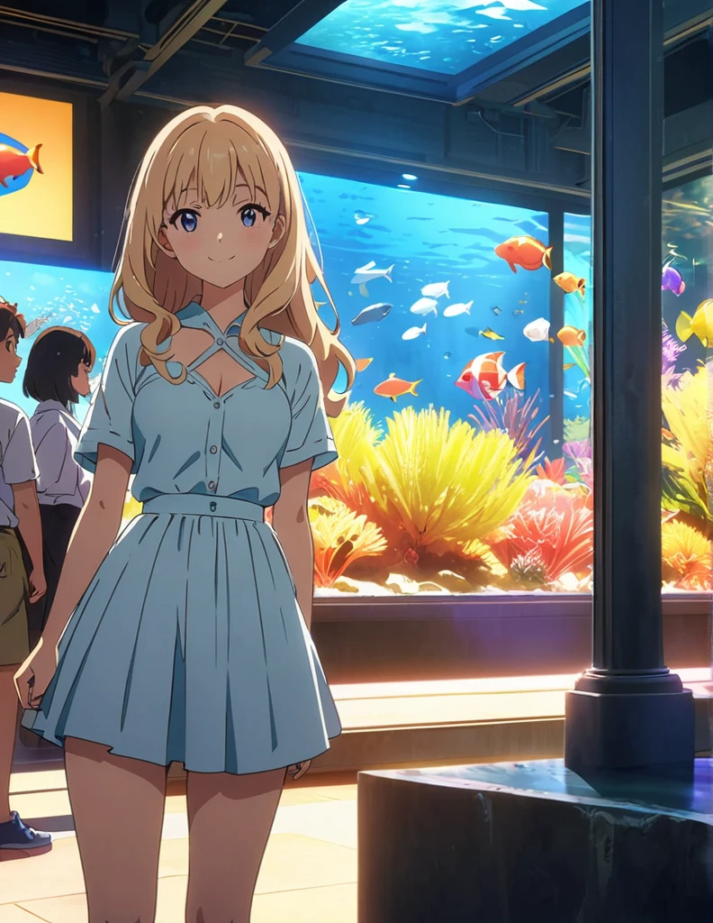 (anime artwork, anime style, studio anime, very detailed, up to date, vibrant, Anime Coloring, high contrast, masterpiece:1.2, best quality, best aesthetics),3 girl, Medium chest, A glimpse of thighs,happy,aquarium,light smile, summer clothes,crowd, 