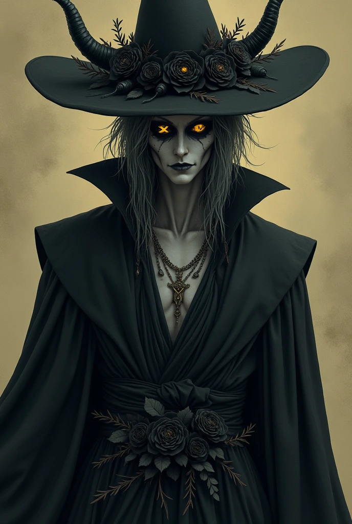 A creepy and attractive Man
Gray skin
Long gray hair
Only black brown and yellow colors
Completely black eyes with yellow pupils in the shape of an ''x''
A black flower as the left eye
Prominent hat decorated with horns and black flowers
Penetrating gaze,
Long, elegant, dark and mysterious clothing, equally long cape, flowers on both hips, decorating her clothing