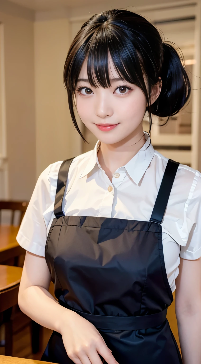 (Highest quality,masterpiece:1.3,Ultra-high resolution,),(Very detailedな,Caustics),(Photorealistic:1.4,RAW shooting,)Ultra-Realistic Capture,Very detailed,High resolution 16K human skin closeup。 Natural skin texture、,Pores、、、、It must be detailed enough to be easily identifiable。 Skin tone is even and healthy looking。 Use natural light and colour,restaurant,Waitress Uniform,1 girl,Japanese,1,cute,Black-haired,ponytail,Big Breasts,smile,Turn your body forward,(Front view:1.1),Looking at the camera,Cowboy Shot,