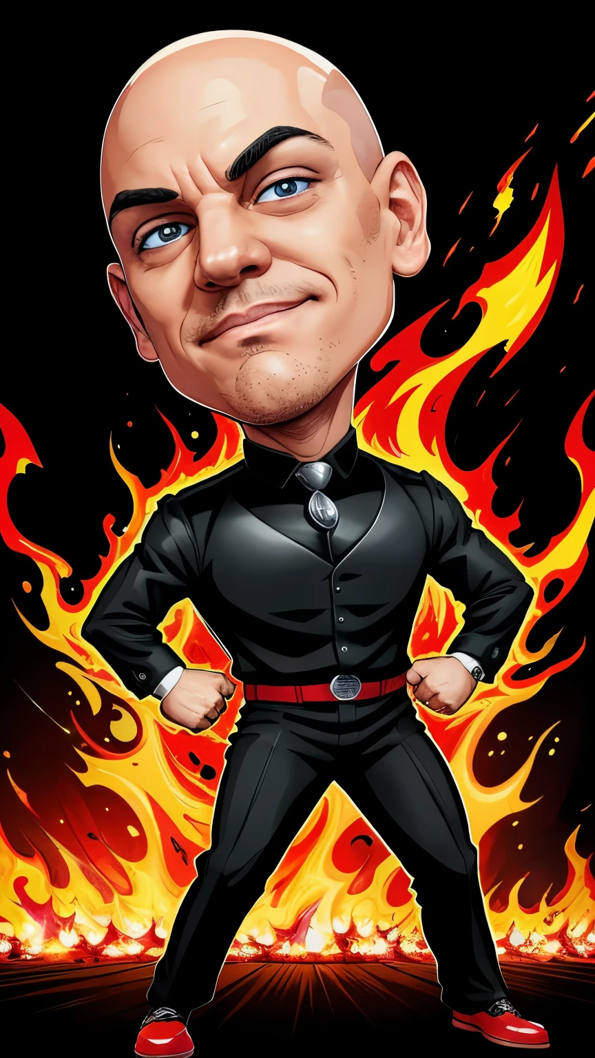 Full body, bald man, 30yo, black suit, red shoes, digital art,  vibrant colors, judge, flaming red eyes, X in background, high quality, high definition, cartoon style, caricature