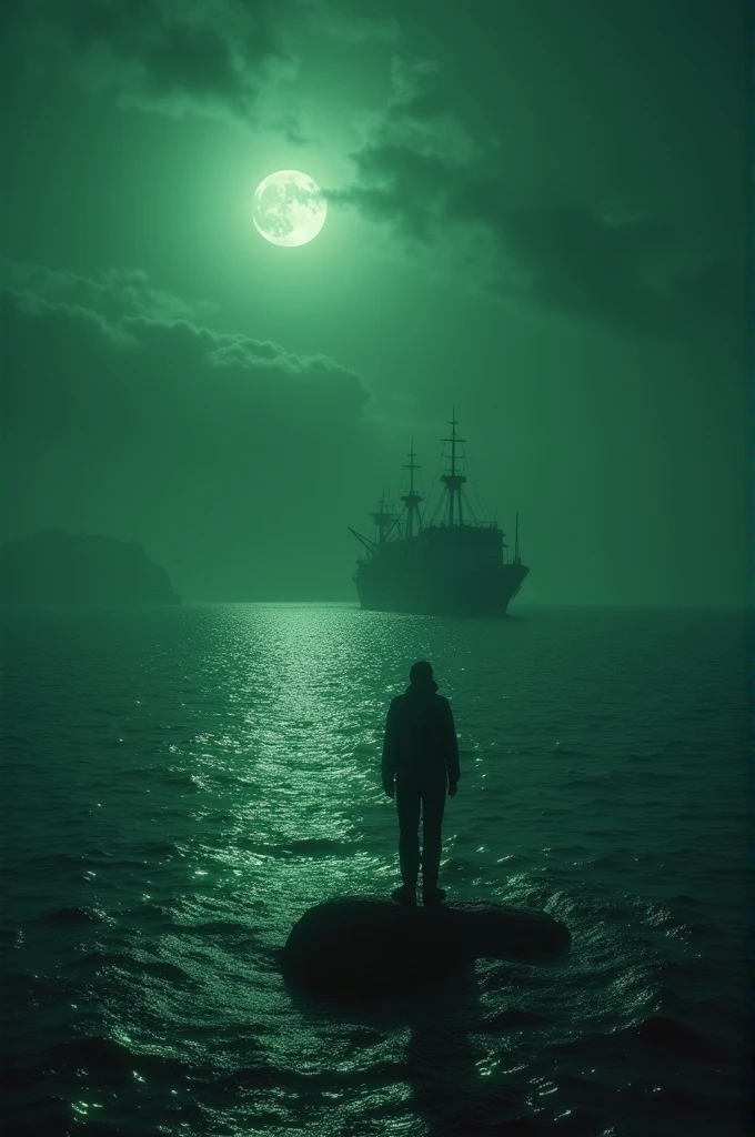 ((best quality)), ((masterpiece)), (detailed), 
Panic sets in as the base and its occupants seem (alien) to close in on him, studying his every move. (night green) (in the middle sea)