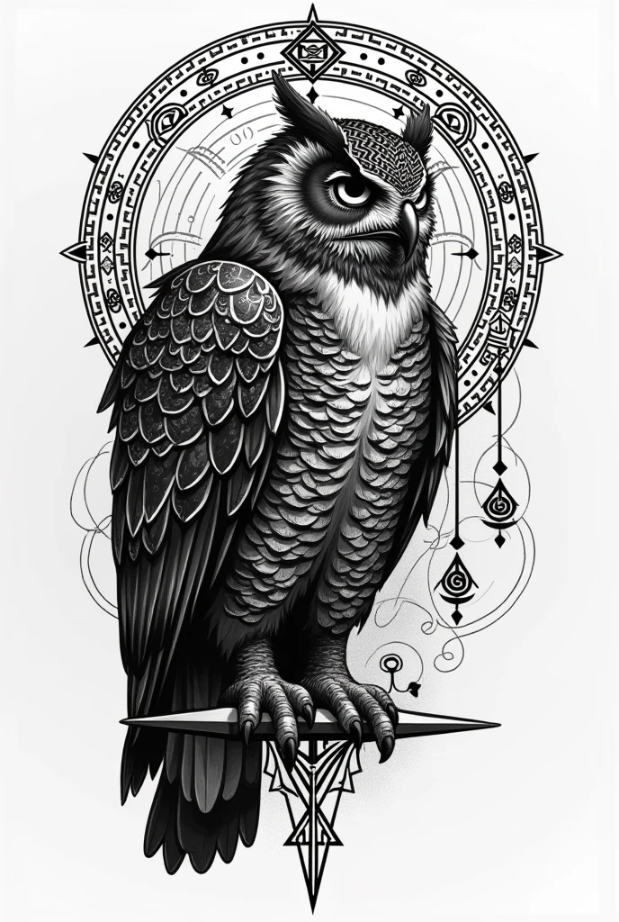 Create a black and white Viking pointillism tattoo filled with symbols known in Viking culture and war an owl