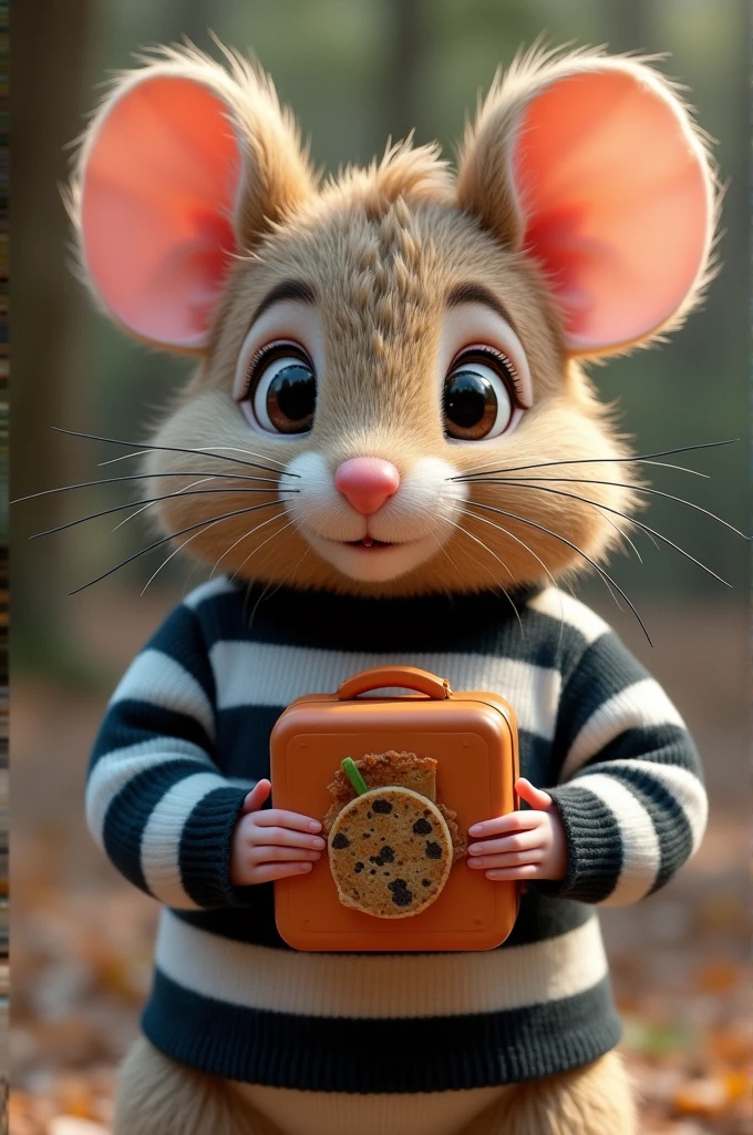 a mouse in a black and white striped shirt and curly hair, holding a lunch box