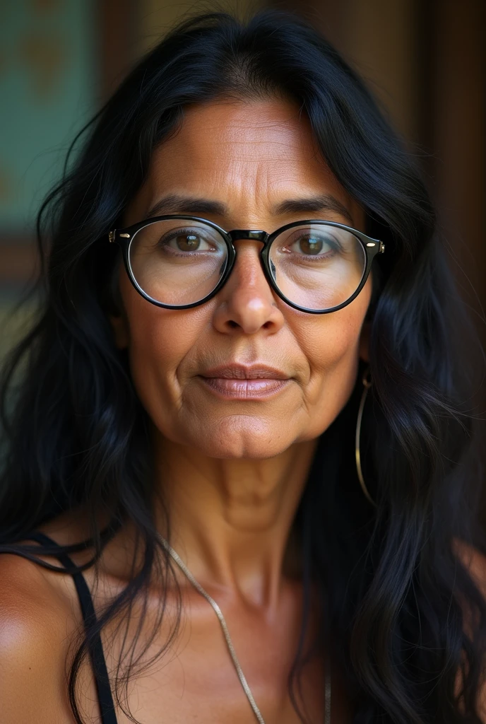 indigenous woman, brunette skin, aged 50, long black  hair, round glasses, chubby, chubby, Round face, lowrise, usando bermuda.