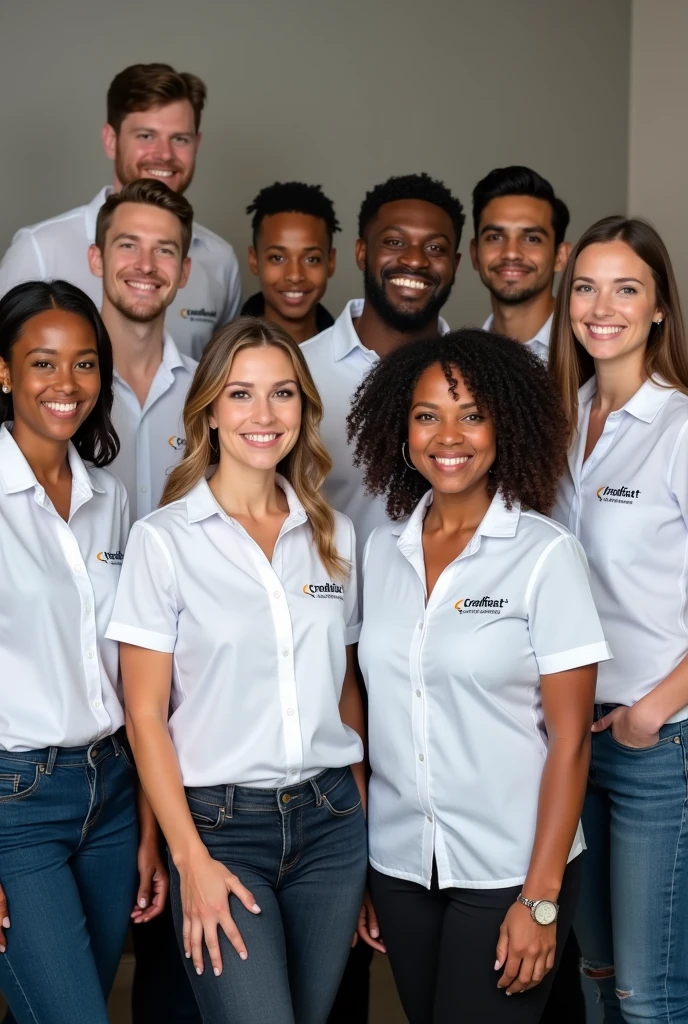 People posing for a photo, wearing a white shirt with the name of your company on the side: “Credifast”.