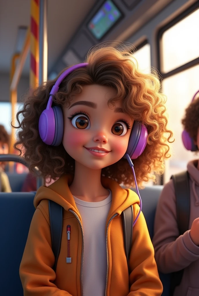 Create one of approximately 10 years, She must have curly hair with golden highlights, your skin should be brown and your eyes brown, who is of average height and has a cute appearance with a purple headset inside a bus
