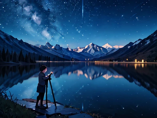 1 boy, Night view, shooting star, Mountain, lake, Black short hair, He is wearing a grey shirt, He is using a telescope