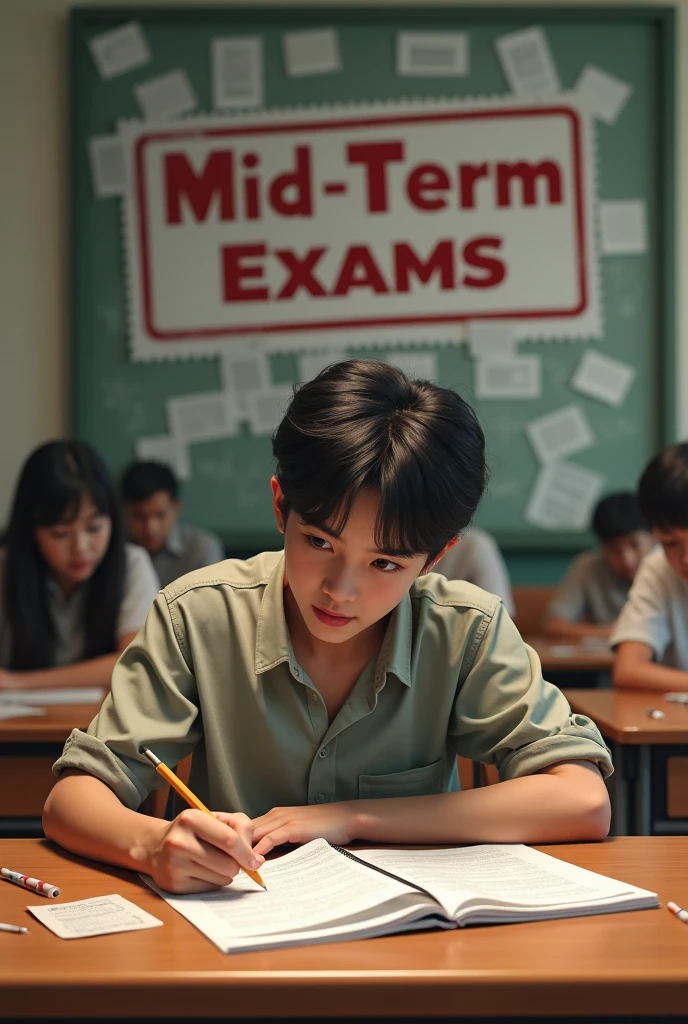 A 20-YEAR-OLD STUDENT SITTING AT A DESK TAKING AN EXAM IN A CLASSROOM WITH A STAMP IN THE BACKGROUND WITH A SIGN READING MID-TERM EXAMS