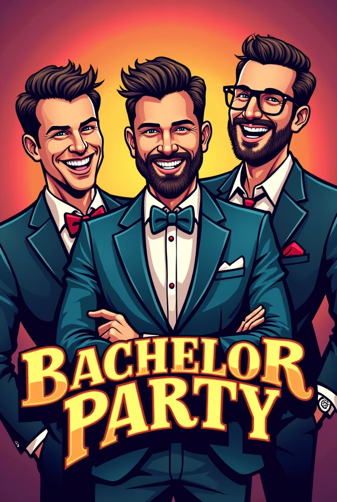 bachelor party logo, three guys, with the names eliot, posh jesus