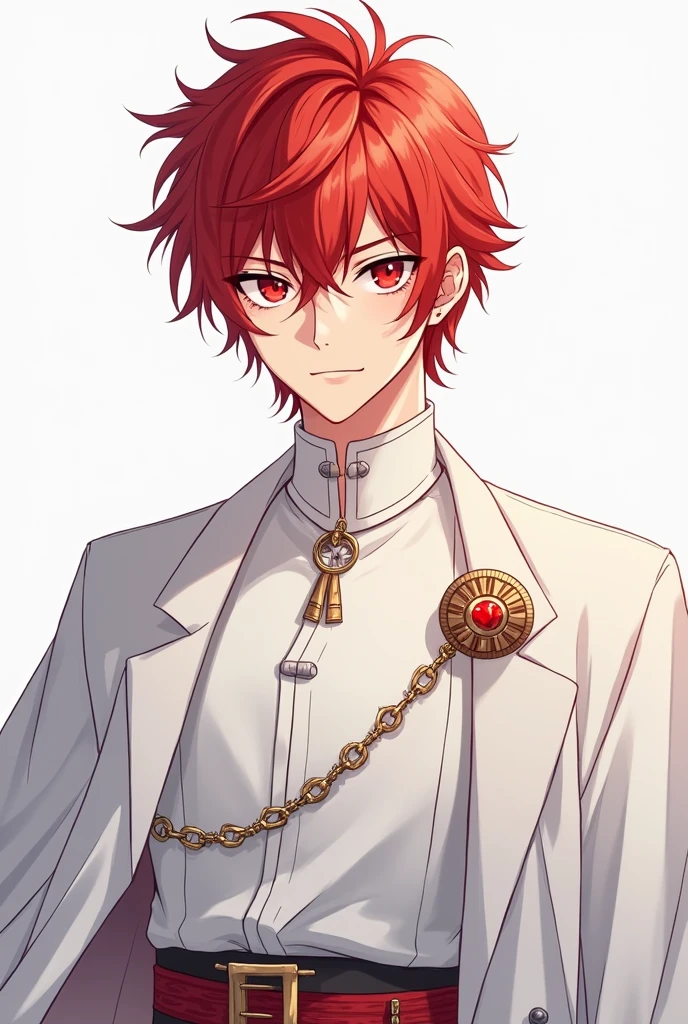 red hair, red eyes, young king, dangerous, anime, very simple royal costume white, handsome, shaggy