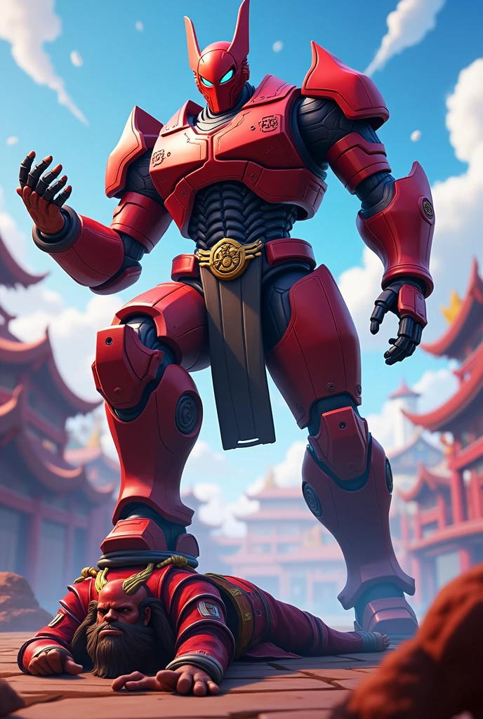 Make a picture with the style of fortnite, the red OPPRESSOR skin and the RONIN skin, make OPPRESSOR putting his foot on RONIN&#39;s head and he&#39;s dead(make the robot[oppressor] be the same as in FORTNITE)
