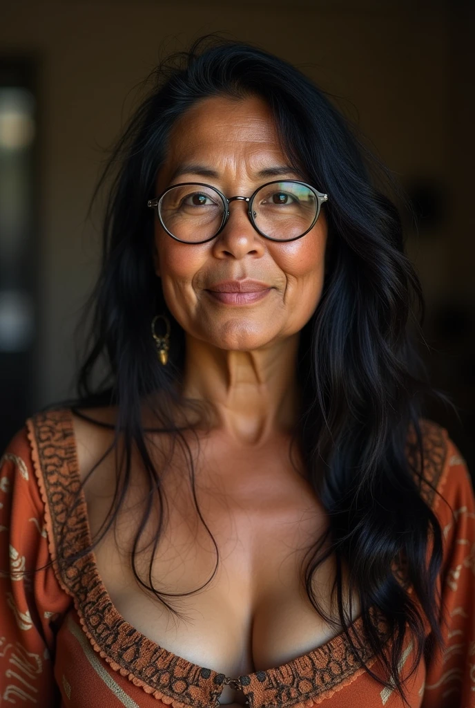 indigenous woman, brunette skin, aged 50, long black hair, round glasses, chubby, chubby, Round face, lowrise, usando bermuda.