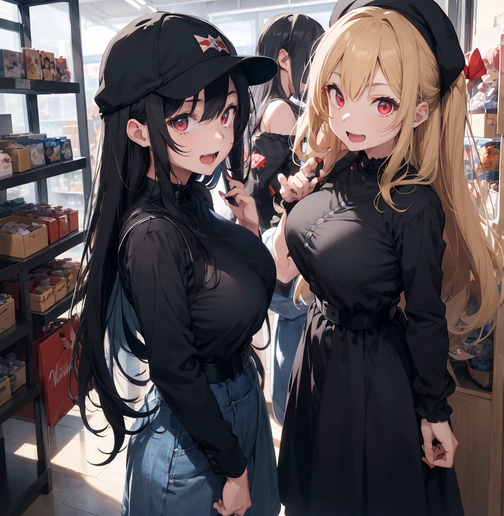 1 male, age boy, man body, man face, black long hair, cap, black shirt, blue jeans, red eyes, happy face, 1 female, teengirl, blue long sleeve dress, blonde long hair, rosa cheeks, doll store, playing a dolls, happy face, huge breast, open mouth, gothic dress up, all black