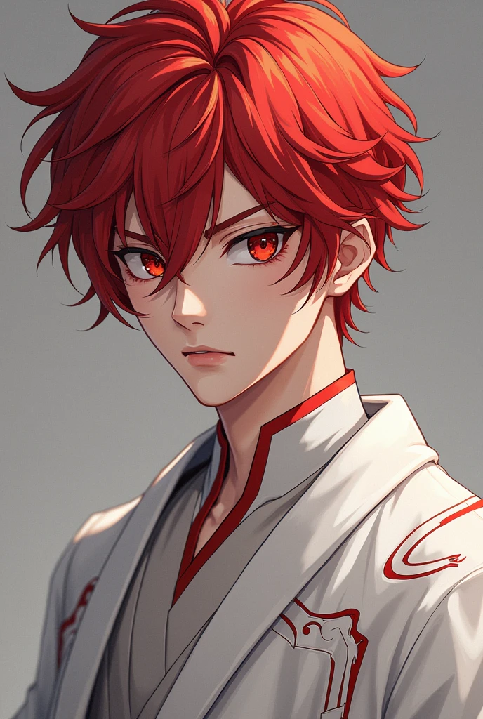 red hair, red eyes, young king, dangerous, anime, cool, very simple royal costume white, handsome, shaggy