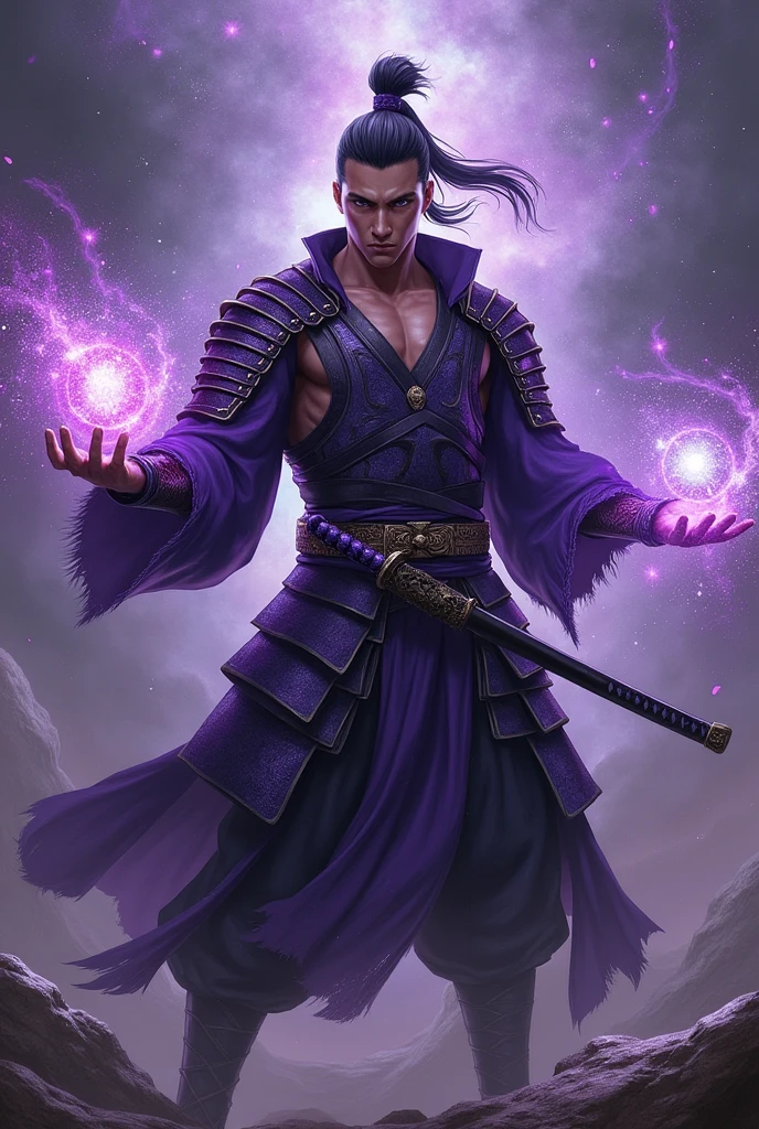 Make a man lean and muscle, with a dark purple samurai armor, with a katana on his waist that has a black hilt with an amethyst, that in his right hand he holds a magnetar, in his left hand a super nova, around it star particles, that your hair has a tail