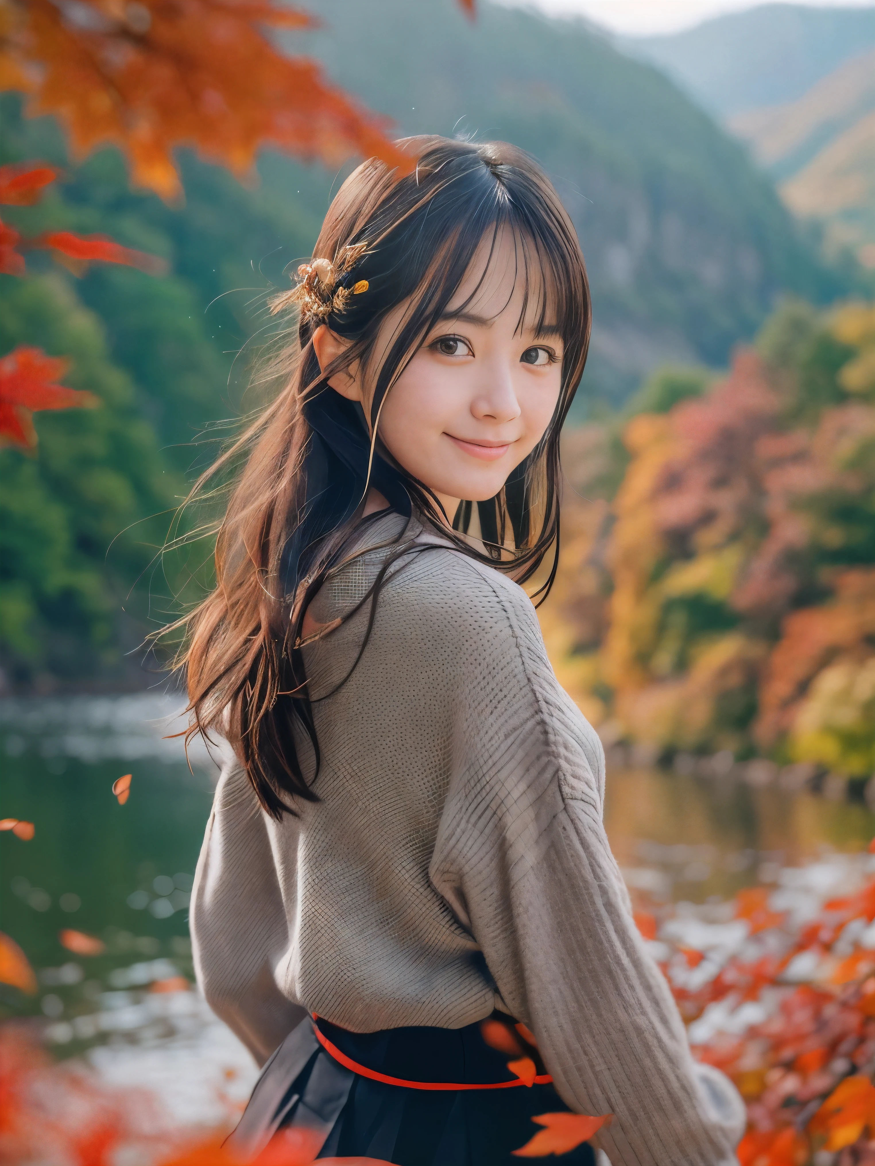 (Close up face shot of one slender small breasts dark silver long hair with swept bangs girl in a long sleeves shirt and sweater and skirt:1.5)、(One girl is dancing with happy smile on the dart road near the lake and big waterfall in Japan:1.5)、(Beautiful autumn red leaves landscpe:1.5)、(Natural light:1.5)、(8k ultra detailed master piece:1.5)、(perfect anatomy:1.5)、(Photorealistic stick:1.5)、(Raw photo:1.3)、(highest quality:1.5)、(High resolution:1.3)、(Delicate and beautiful perfect face:1.3)、(Delicate and beautiful eye air skin:1.3)、(Real Human Skin:1.3)、((thin legs))