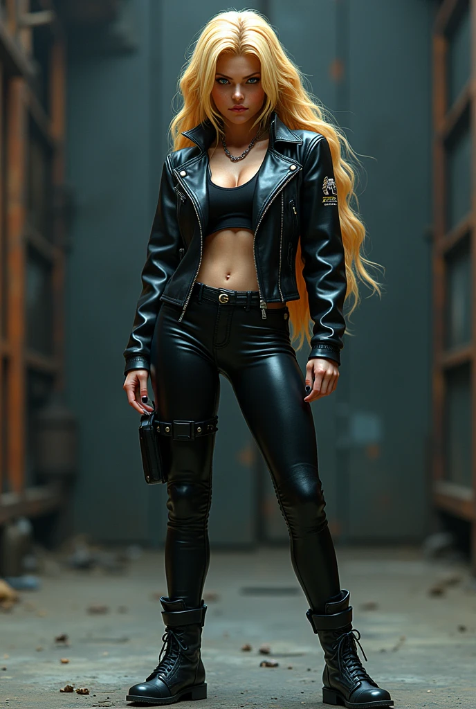 Full body image of a female version of Goku wearing the clothes of the T-800 from Terminator.
