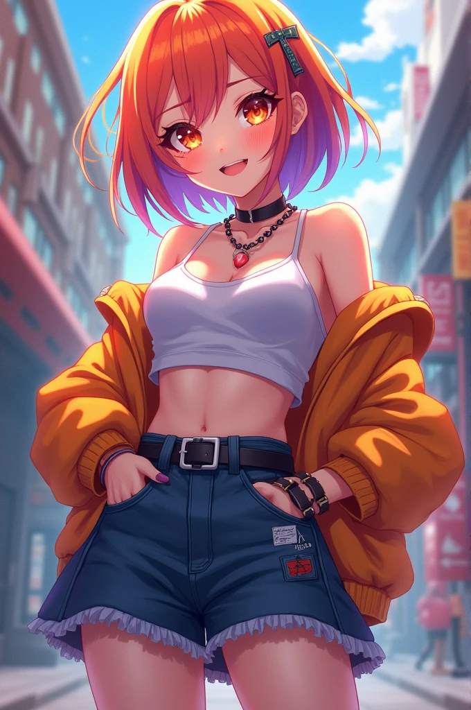 Anime girl, Orange and purple hair, short hair, miniskirt, crops top, jacket, , orange eyes